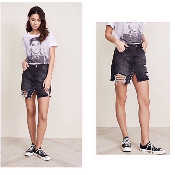 Free People Black Washed Ripped Denim Skirt - Picture 6 of 9